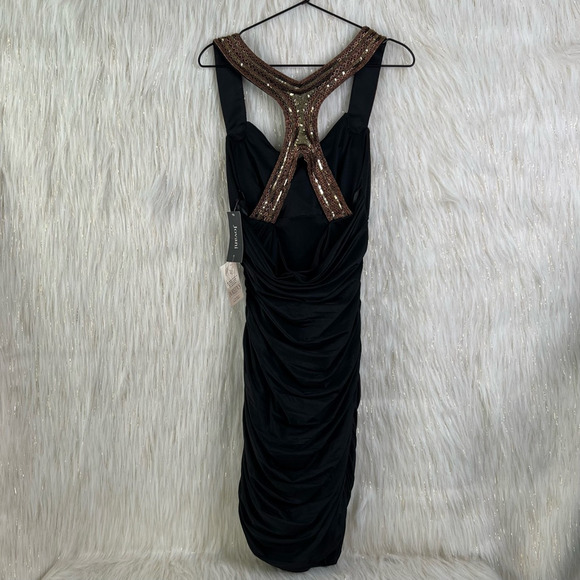 Jovani Womens Sheath Dress Black Ruched Drape Neck Racerback Embellished 6 New - Picture 2 of 9